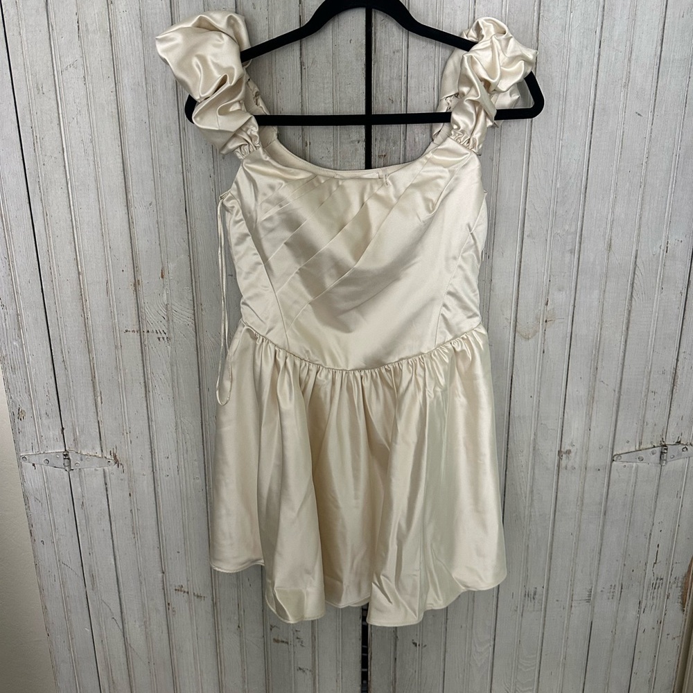 LoveShackFancy Cream Satin Dress with Pleated Bodice